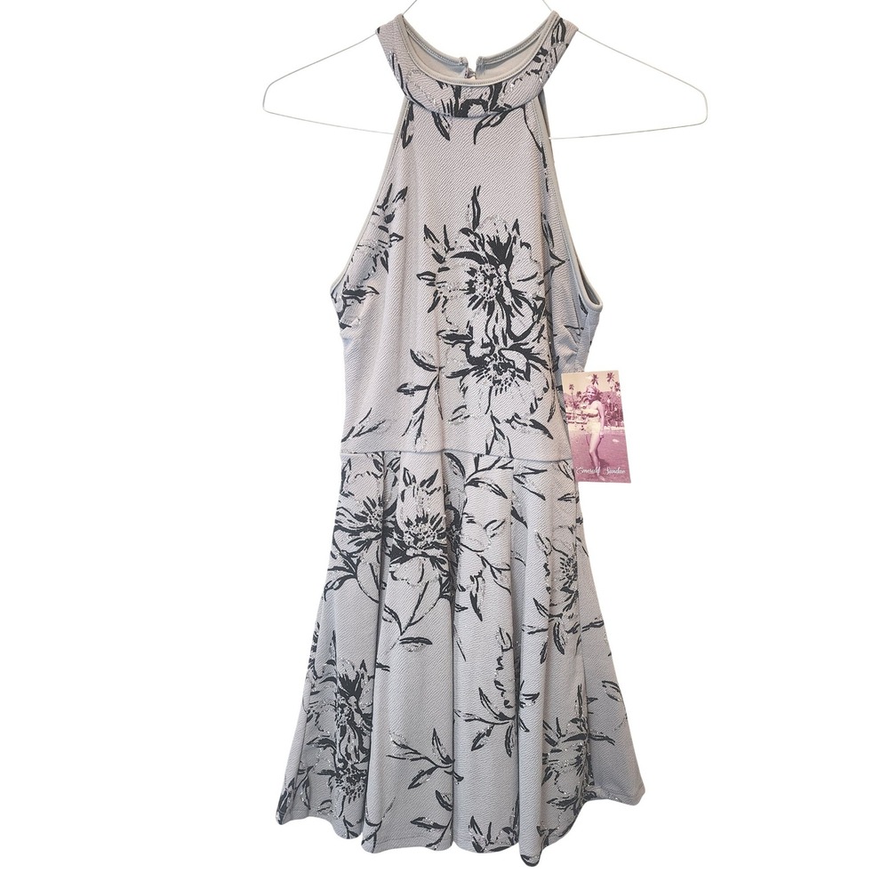 Emerald Sundae Gray Black Floral Halter Skater Dress Womens Small NWT